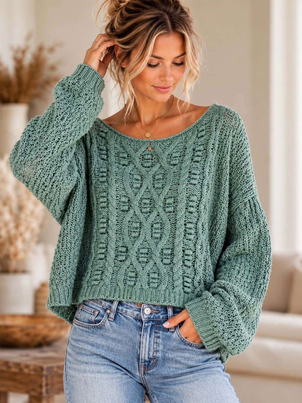 Free People Changing Tides Pullover Small White Spruce Cable Knit Cropped Sweate